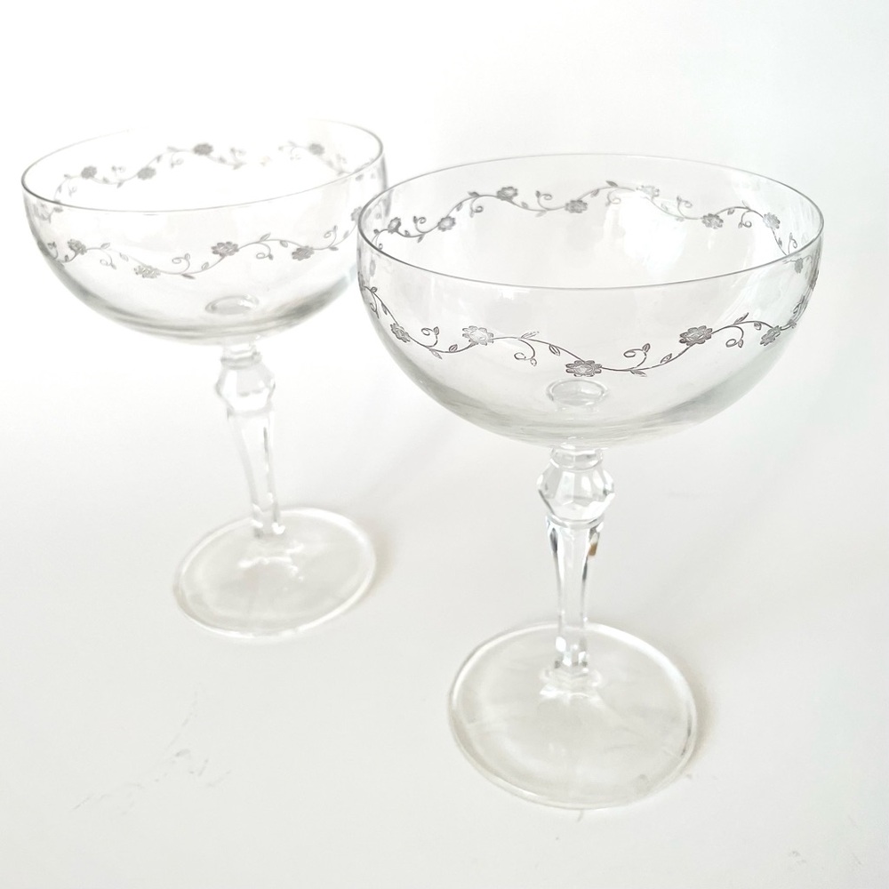 Mid-Century Crystal Silver Floral Champagne Coupes, 2pcs